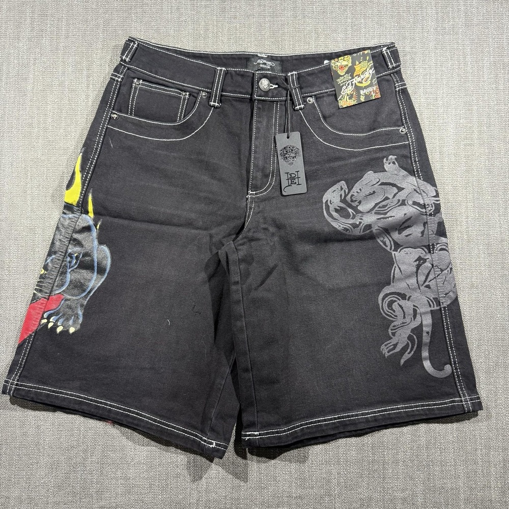 Ed Hardy Shorts Mens 36 Black Denim Bermuda Panther Graphic Tattoo Streetwear